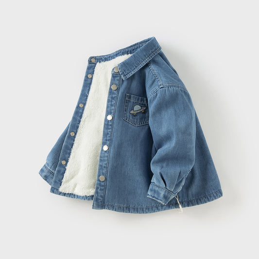 Dave&Bella Toddler Boys Winter Denim Blue Plush-lined Long Sleeve Shirts Tops