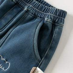 Dave&Bella Toddler Boys Winter Denim Blue Loose Plush-lined Jeans Pants