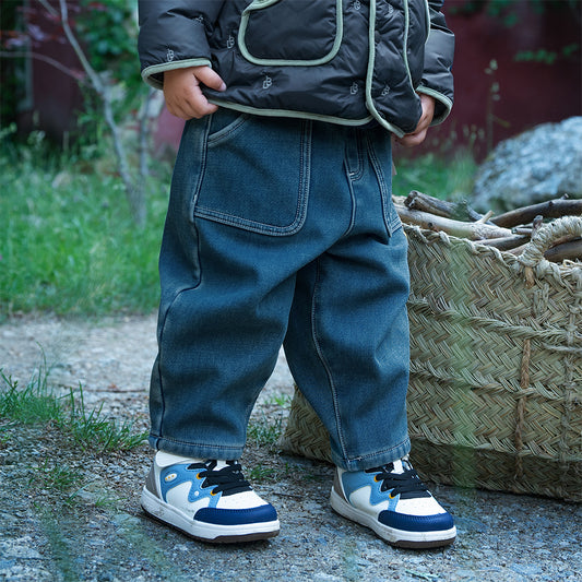 Dave&Bella Toddler Boys Winter Denim Blue Loose Plush-lined Jeans Pants