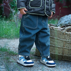 Dave&Bella Toddler Boys Winter Denim Blue Loose Plush-lined Jeans Pants