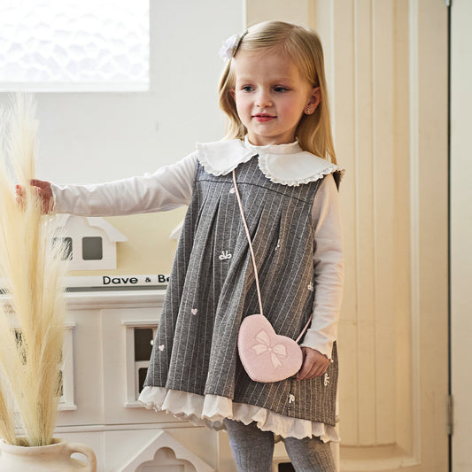Dave&Bella Toddler Girls Autumn Cute Grey Striped Sleeveless A-line Dress(wallet bag)