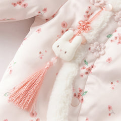 Dave&Bella Baby Girls Pink Plum Blossom Print Plush Turtle Cozy Padded Rompers