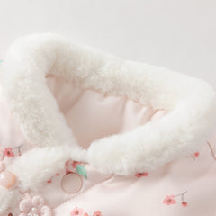 Dave&Bella Baby Girls Pink Plum Blossom Print Plush Turtle Cozy Padded Rompers