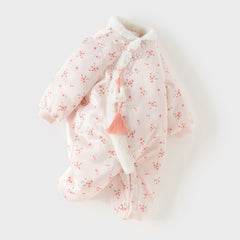 Dave&Bella Baby Girls Pink Plum Blossom Print Plush Turtle Cozy Padded Rompers