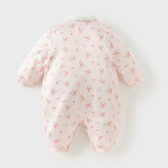 Dave&Bella Baby Girls Pink Plum Blossom Print Plush Turtle Cozy Padded Rompers