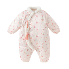 Dave&Bella Baby Girls Pink Plum Blossom Print Plush Turtle Cozy Padded Rompers