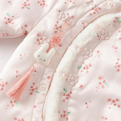 Dave&Bella Baby Girls Pink Plum Blossom Print Plush Turtle Cozy Padded Rompers