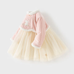 Dave&Bella Toddler Girls Elegant Pink Chinese-style Padded A-line Mesh Dress