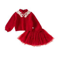 Dave&Bella Kids Girls Winter Festival Red Princess Mesh Skirt Suits Sets
