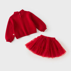 Dave&Bella Kids Girls Winter Festival Red Princess Mesh Skirt Suits Sets