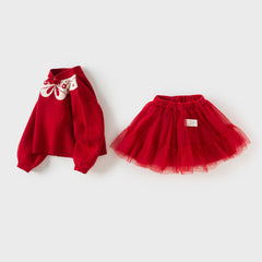 Dave&Bella Kids Girls Winter Festival Red Princess Mesh Skirt Suits Sets