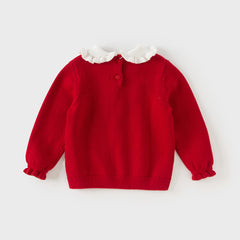 Dave&Bella Kids Girls Festival Red Doll Collar Long-sleeved Pullover Sweaters Tops