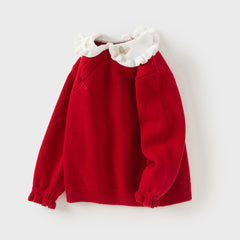 Dave&Bella Kids Girls Festival Red Doll Collar Long-sleeved Pullover Sweaters Tops