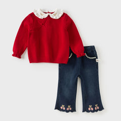 Dave&Bella Kids Girls Festival Red Doll Collar Long-sleeved Pullover Sweaters Tops