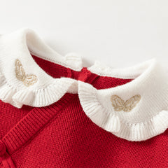 Dave&Bella Kids Girls Festival Red Doll Collar Long-sleeved Pullover Sweaters Tops