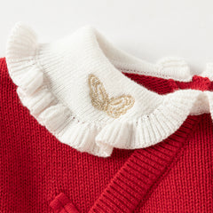 Dave&Bella Kids Girls Festival Red Doll Collar Long-sleeved Pullover Sweaters Tops