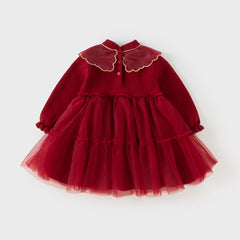 Dave&Bella Toddler Girls Winter Chinese-style Dark Red Mesh Princess Sweater Dresses