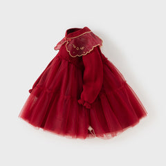 Dave&Bella Toddler Girls Winter Chinese-style Dark Red Mesh Princess Sweater Dresses