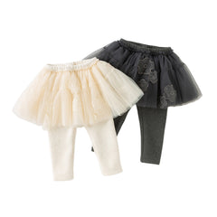 Dave&Bella Toddler Girls Winter Elegant White/Dark Grey Mesh Skirt-style Leggings Pants