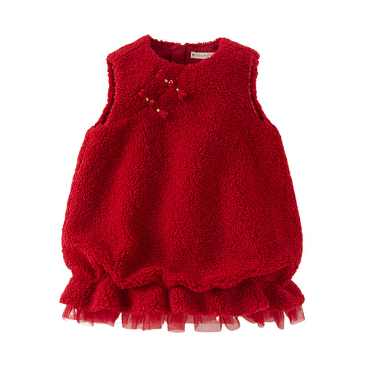 Dave&Bella Toddler Girls Red Chinese-style Sleeveless Plush Princess Mesh Dress