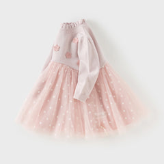 Dave&Bella Toddler Girls Elegant Pink Turtle Long-sleeved A-line Party Mesh Dress