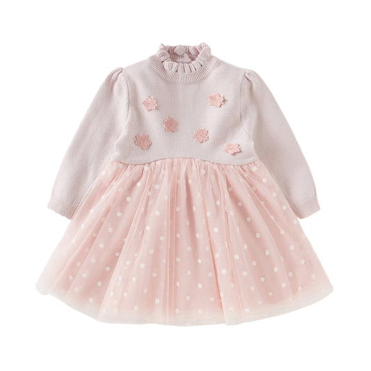 Dave&Bella Toddler Girls Elegant Pink Turtle Long-sleeved A-line Party Mesh Dress