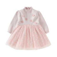 Dave&Bella Toddler Girls Elegant Pink Turtle Long-sleeved A-line Party Mesh Dress