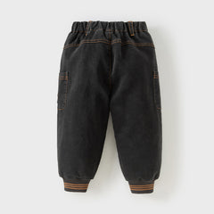 Dave&Bella Toddler Boys Black Drawstring Loose Cozy Plush-lined Jeans