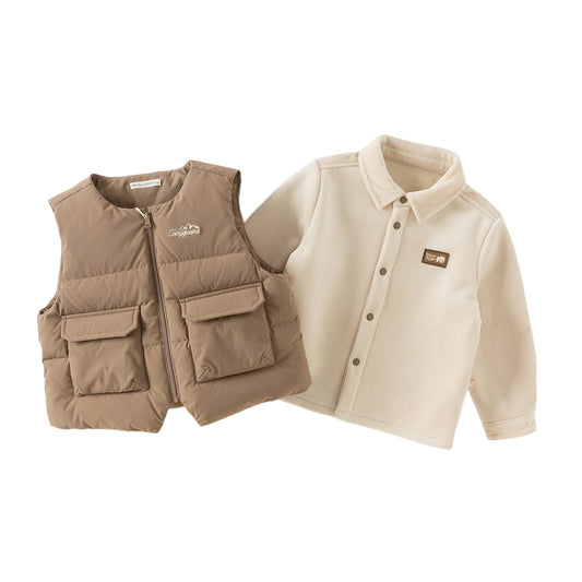 Dave&Bella Toddler Boys Winter Brown Antibacterial Down Vest & Plush-lined Shirt Set