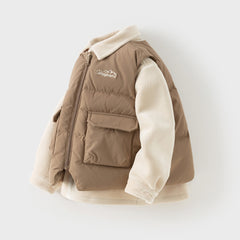 Dave&Bella Toddler Boys Winter Brown Antibacterial Down Vest & Plush-lined Shirt Set