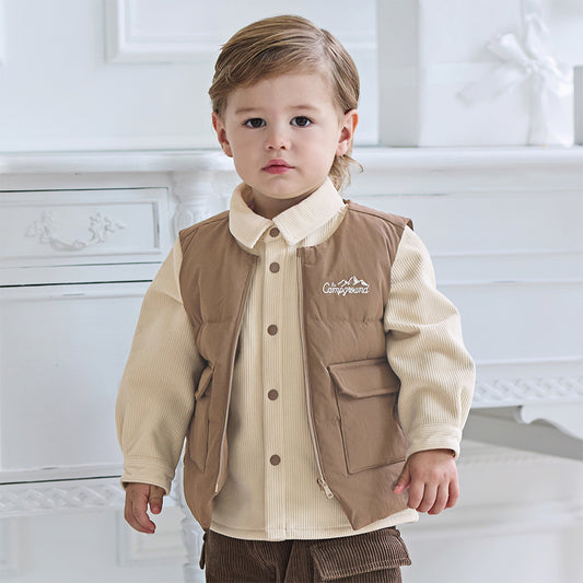 Dave&Bella Toddler Boys Winter Brown Antibacterial Down Vest & Plush-lined Shirt Set