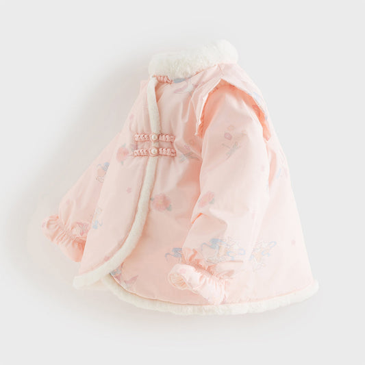 Dave&Bella Toddler Girls Chinese-style Pink Print Plush Turtle Outwear Padded Coats