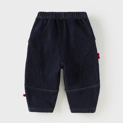 Dave&Bella Toddler Boys Denim Blue Adjustable-waistband Loose Cozy Plush-lined Jeans