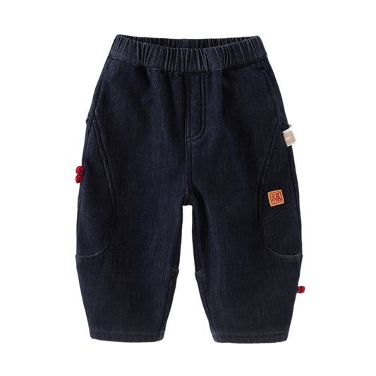 Dave&Bella Toddler Boys Denim Blue Adjustable-waistband Loose Cozy Plush-lined Jeans