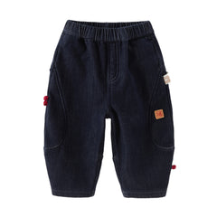 Dave&Bella Toddler Boys Denim Blue Adjustable-waistband Loose Cozy Plush-lined Jeans