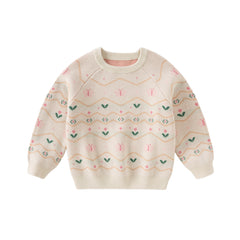 Dave&Bella Kids Girls Apricot Print Knit Cozy Pullover Sweater Tops