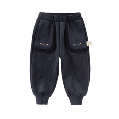 Dave&Bella Toddler Girls Beige/Navy Blue Loose Drawstring Plush-lined Sweatpants