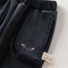 Dave&Bella Toddler Girls Beige/Navy Blue Loose Drawstring Plush-lined Sweatpants