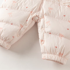 Dave&Bella Baby Girls Winter Cute Pink Bow-print Long Sleeve Cozy Hooded Down Rompers