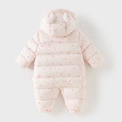 Dave&Bella Baby Girls Winter Cute Pink Bow-print Long Sleeve Cozy Hooded Down Rompers