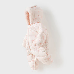 Dave&Bella Baby Girls Winter Cute Pink Bow-print Long Sleeve Cozy Hooded Down Rompers