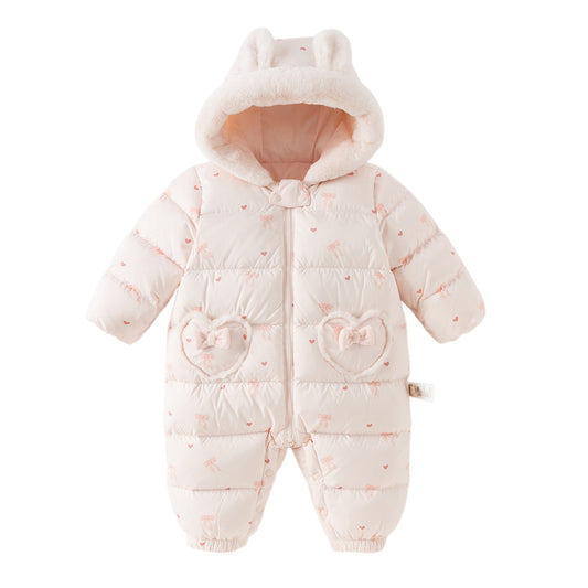 Dave&Bella Baby Girls Winter Cute Pink Bow-print Long Sleeve Cozy Hooded Down Rompers