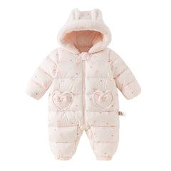 Dave&Bella Baby Girls Winter Cute Pink Bow-print Long Sleeve Cozy Hooded Down Rompers