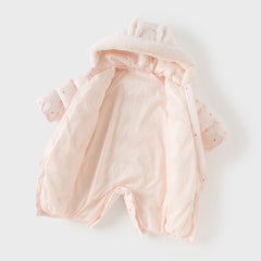Dave&Bella Baby Girls Winter Cute Pink Bow-print Long Sleeve Cozy Hooded Down Rompers