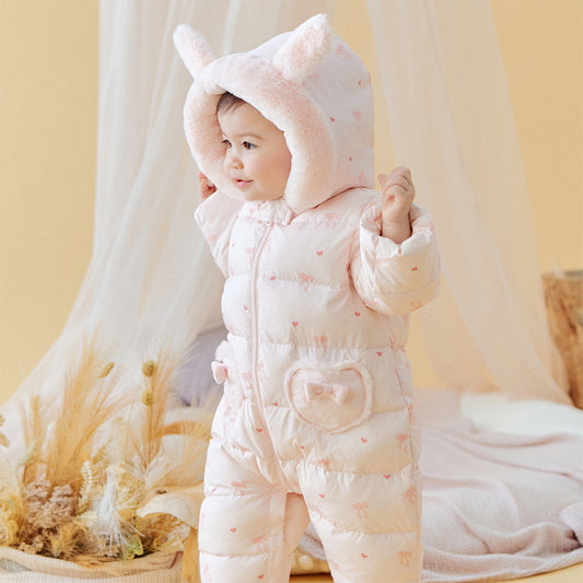 Dave&Bella Baby Girls Winter Cute Pink Bow-print Long Sleeve Cozy Hooded Down Rompers