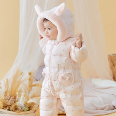 Dave&Bella Baby Girls Winter Cute Pink Bow-print Long Sleeve Cozy Hooded Down Rompers