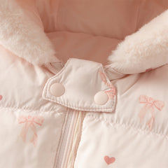 Dave&Bella Baby Girls Winter Cute Pink Bow-print Long Sleeve Cozy Hooded Down Rompers