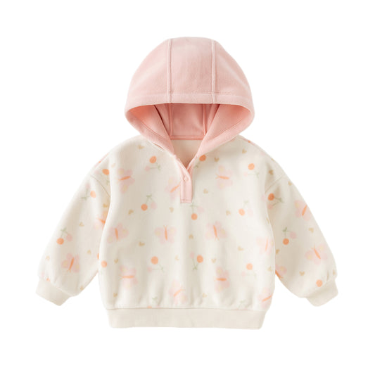 Dave&Bella Toddler Girls Playful Butterfly-print Beige Hooded Sweatshirts Tops