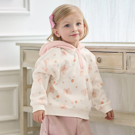 Dave&Bella Toddler Girls Playful Butterfly-print Beige Hooded Sweatshirts Tops