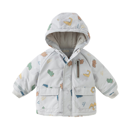 Dave&Bella Toddler Boys Winter Playful Dinosaur Print Outwear Cozy Padded Hooded Coats